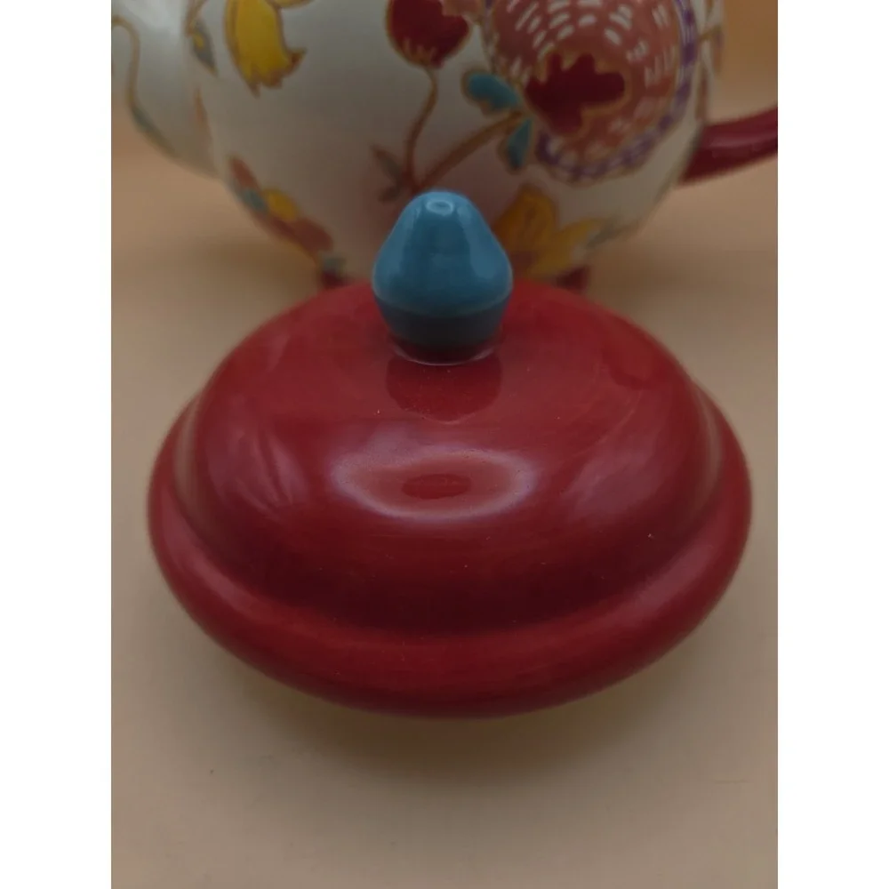 Floral Red TeaPot. Dutch Wax Ceramic with lid. Bright. Colors 7.25